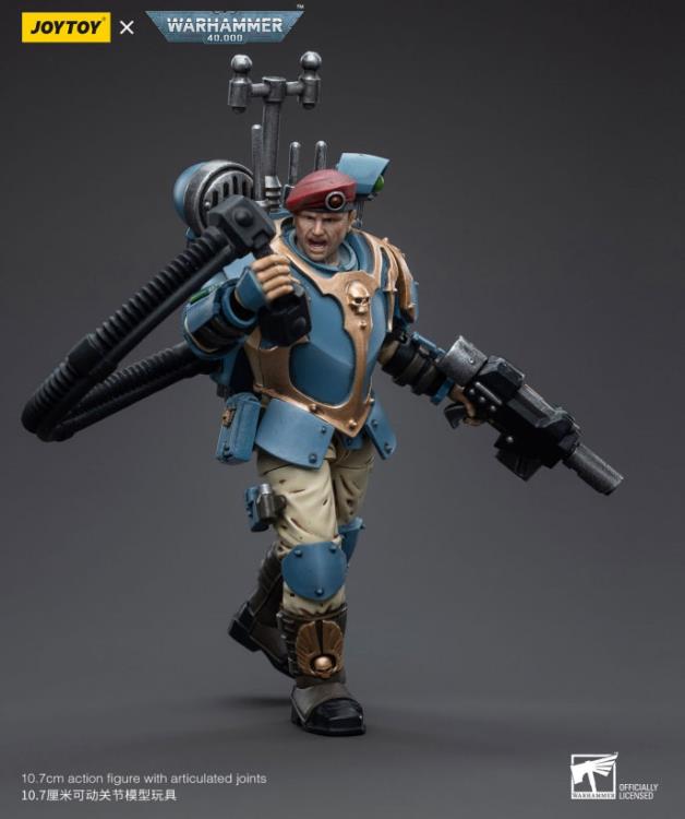 This is a 1/18 scale highly detailed, articulated figure based on Warhammer 40k's Tempestus Scion of the Astra Militarum Tempestus 55th Kappic Eagles. The Tempestus Scion figure stands about 4.20 inches tall and comes with several interchangeable parts and accessories, opening the door to a plethora of different and unique display opportunities.