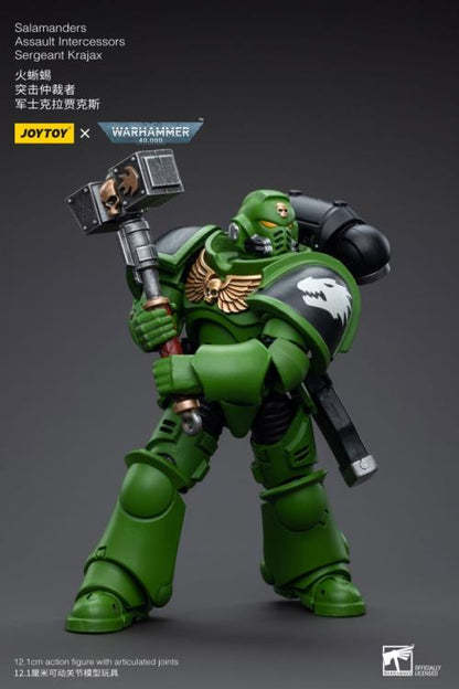 Hailing from a volcanic and unstable world, the Space Marine Chapter of the Salamanders take great care to avoid human casualties during their wars against Chaos. Deeply embedded in the Promeathan Cult, these warriors hone their skills to a lethal edge to protect Humanity. Each figure typically includes interchangeable hands and weapon accessories and stands between 4" and 6" tall. Sergeant Krajax leads his men into the fray as many times as it takes to complete the mission, regardless of casualties.