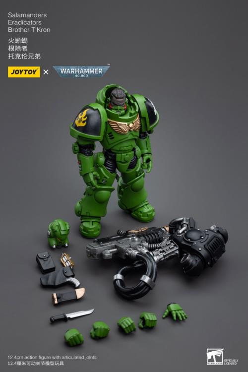 Hailing from a volcanic and unstable world, the Space Marine Chapter of the Salamanders take great care to avoid human casualties during their wars against Chaos. Deeply embedded in the Promeathan Cult, these warriors hone their skills to a lethal edge to protect Humanity. Each figure typically includes interchangeable hands and weapon accessories and stands between 4" and 6" tall. Wielding a deadly flamethrower, Brother T'Kren has a grim satisfaction of leaving purifying flames in his wake.