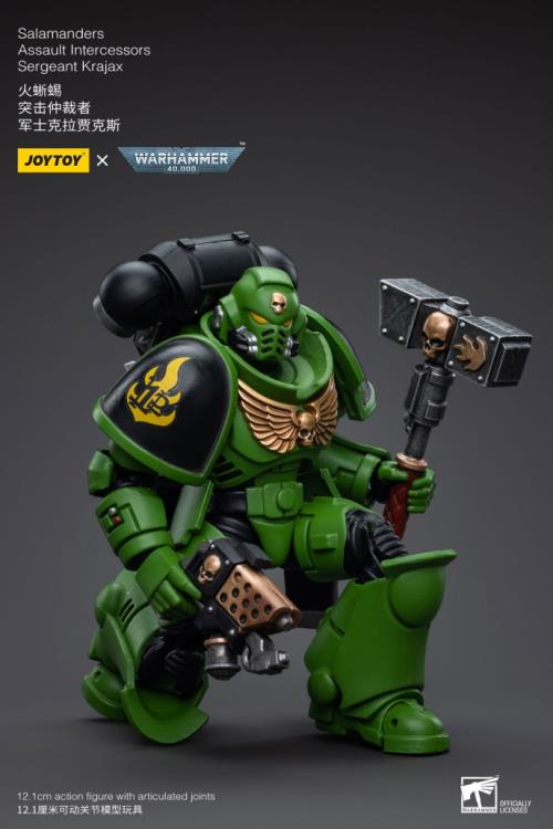 Hailing from a volcanic and unstable world, the Space Marine Chapter of the Salamanders take great care to avoid human casualties during their wars against Chaos. Deeply embedded in the Promeathan Cult, these warriors hone their skills to a lethal edge to protect Humanity. Each figure typically includes interchangeable hands and weapon accessories and stands between 4" and 6" tall. Sergeant Krajax leads his men into the fray as many times as it takes to complete the mission, regardless of casualties.