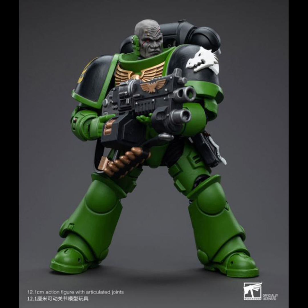 Hailing from a volcanic and unstable world, the Space Marine Chapter of the Salamanders take great care to avoid human casualties during their wars against Chaos. Deeply embedded in the Promeathan Cult, these warriors hone their skills to a lethal edge to protect Humanity. Each figure typically includes interchangeable hands and weapon accessories and stands between 4" and 6" tall.