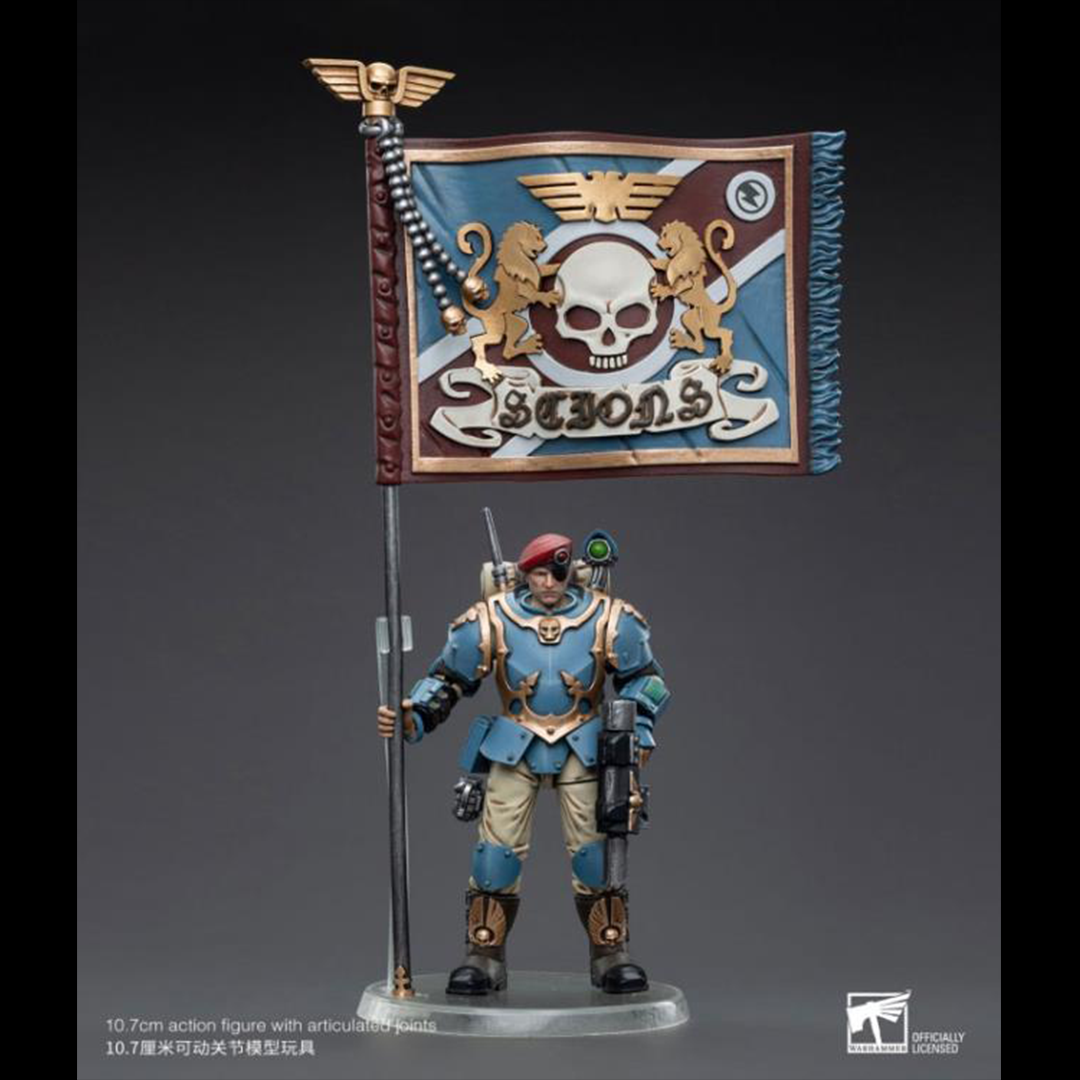 This is a 1/18 scale highly detailed, articulated figure based on Warhammer 40k's Tempestus Scion of the Astra Militarum Tempestus 55th Kappic Eagles. The Tempestus Scion figure stands about 4.20 inches tall and comes with several interchangeable parts and accessories, opening the door to a plethora of different and unique display opportunities.