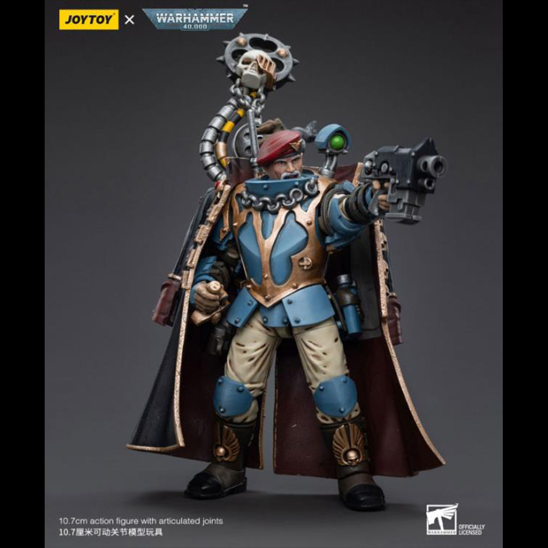 This is a 1/18 scale highly detailed, articulated figure based on Warhammer 40k's Tempestus Scion of the Astra Militarum Tempestus 55th Kappic Eagles. The Tempestus Scion figure stands about 4.20 inches tall and comes with several interchangeable parts and accessories, opening the door to a plethora of different and unique display opportunities.