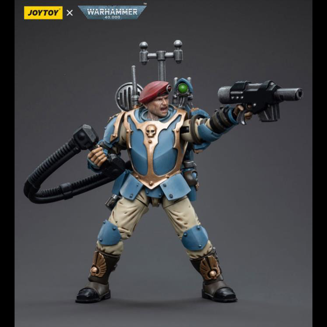 This is a 1/18 scale highly detailed, articulated figure based on Warhammer 40k's Tempestus Scion of the Astra Militarum Tempestus 55th Kappic Eagles. The Tempestus Scion figure stands about 4.20 inches tall and comes with several interchangeable parts and accessories, opening the door to a plethora of different and unique display opportunities.