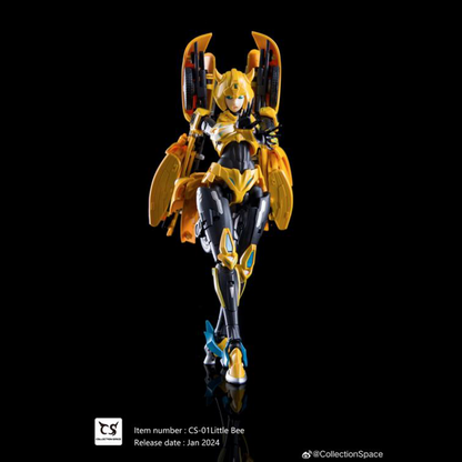 Add to your converting figure collection with this CS-01 Little Bee action figure by Collection Space! Little Bee features a high level of detail and articulation, and she can convert from robot mode into car mode!