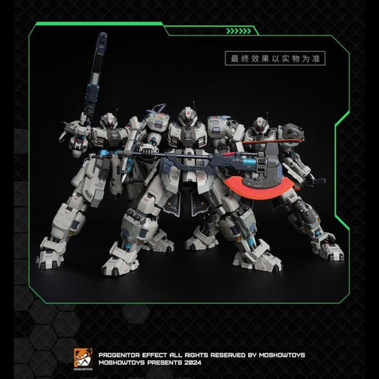 MoShow Toys presents the next line of figures in the Illustrious Class of their Progenitor Effect series of unique mecha action figures: Team Foxhound! 

The Team Foxhound set includes three variations of the Butcher mecha: Standard, Melee, and Breaker.

The standard version features a shield, beam assault rifle, and a rocket launcher. The breaker version features a heavy shock baton, a beam assault rifle, a pair of assault shields, and a thermal battle axe. The melee version features a pair of combat claws