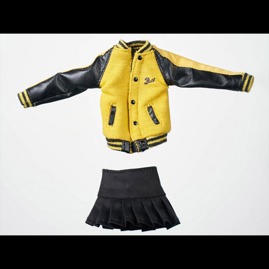 This yellow and black baseball jacket and black skirt 1/12 Scale outfit set is perfect for any customizer wanting to give their figure a great look. This set is perfect for your 1/12 to 1/10 scale figures!  Other clothing pieces and figures not included