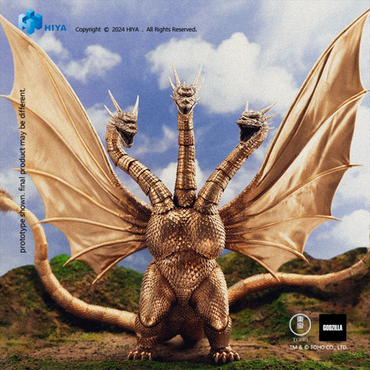 The Exquisite Basic King Ghidorah action figure stands 13" tall with an 18.5" wingspan, faithfully reproducing every detail of Ghidorah's appearance from the 1991 film. Crafted with meticulous attention to detail, the figure features multiple joints throughout its body, PVC wings with internal wires for an authentic look, and a wide range of articulation. It also includes three stands to recreate various combat scenes from the film.