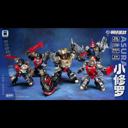 Laser Cat is proud to present a new action figure that will add some firepower to your collection: the Steel Kiddy Party Mini Asura Dual Changer and Combiner! Able to convert between robot and vehicle forms, this 5-in-1 mecha combiner set features dynamic detailing and is a great way to grow your collection! Don't miss out and order your figure set today!