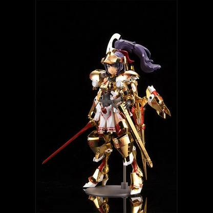 Introducing the latest addition to the Frame Arms Girl series, the golden knight DURGA GOLD RITTER! Frame Arms Girl Durga I is a re-imagining of ToMo's mecha design transformed into an original female character based on an illustration by E-ji Komatsu. A new version of Durga I known as Durga Gold Ritter is here with luxurious gold-plated armor and additional parts.