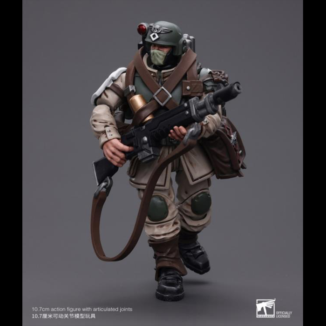 This is a 1/18 scale highly detailed, articulated figure based on Warhammer 40k's Cadian Command Squad Veteran with Medi-pack of the Astra Militarum. The Cadian Command figure stands nearly 6 inches tall and comes with several interchangeable parts and accessories, opening the door to many different and unique display opportunities.