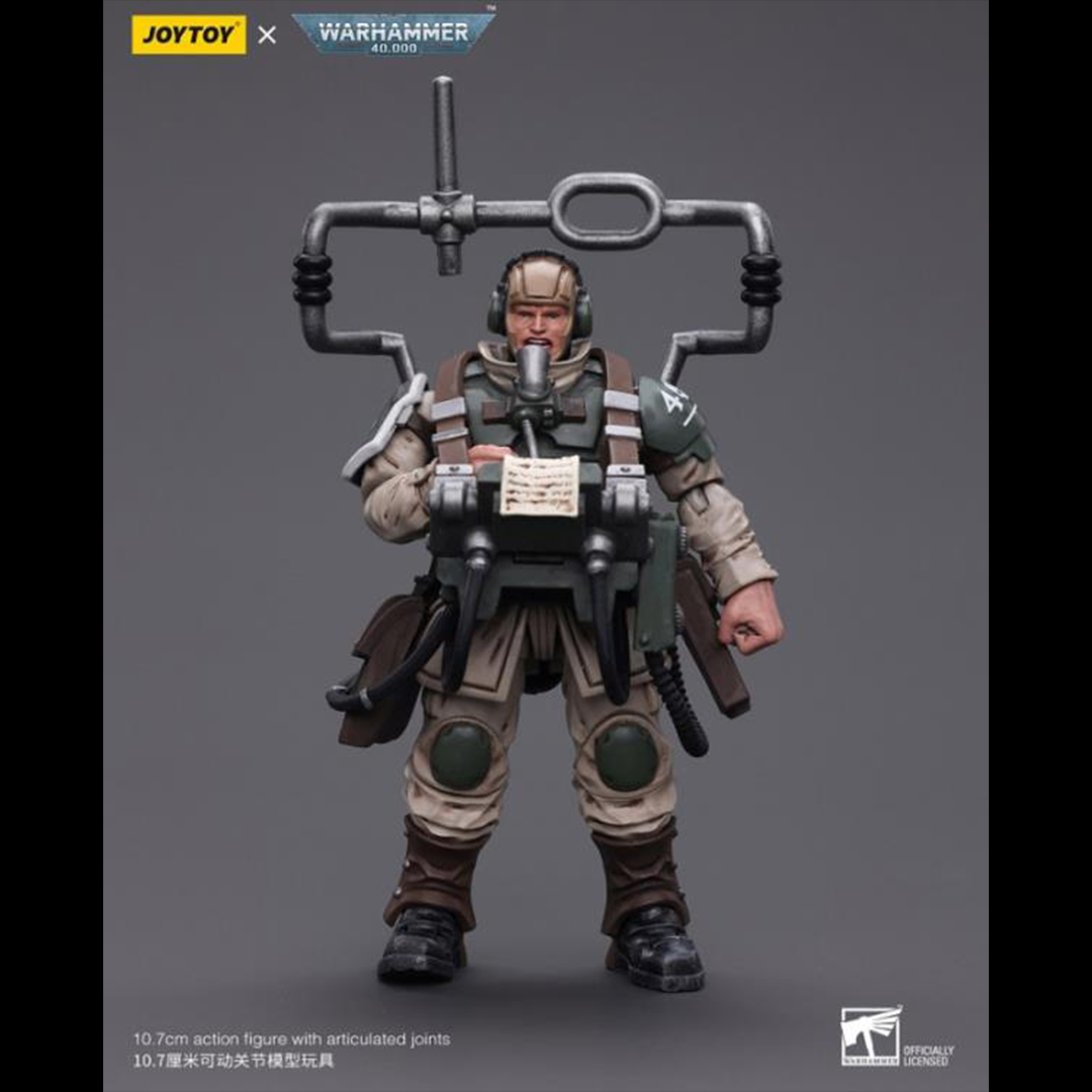 This is a 1/18 scale highly detailed, articulated figure based on Warhammer 40k's Cadian Command Squad Veteran with Master Vox of the Astra Militarum. The Cadian Command figure stands nearly 6 inches tall and comes with several interchangeable parts and accessories, opening the door to a plethora of different and unique display opportunities.