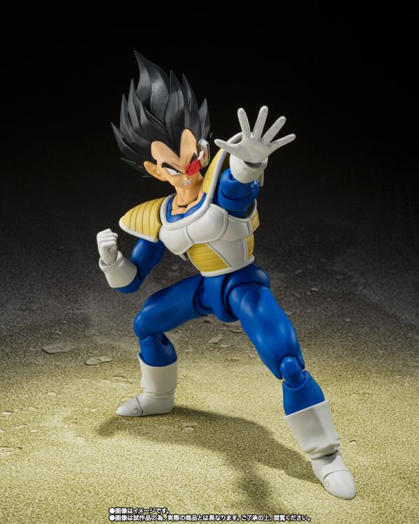 Vegeta from Dragon Ball Z is now available as an S.H.Figuarts action figure in his outfit from the Frieza Saga!  Included are three interchangeable facial expression parts - shouting, clenching his teeth, and grinning - based on scenes from the anime series. The scouter is also detachable and can reproduce a total of eight states! The shoulder interior and the shoulder armor of the combat uniform employ the same mobile structure that was well received in S.H.Figuarts Thales!