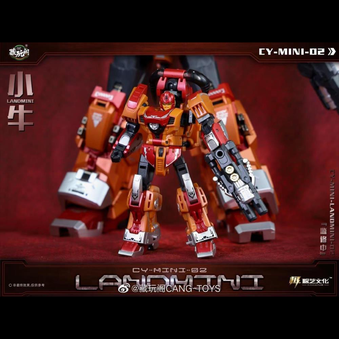 The CY-Mini-02 Landmini converts into a bull-like creature from a robot and forms the leg of a mini combining figure. Landmini stands about 3.75 inches tall in robot mode and comes with a blaster and sword for weapons.  CT-Chiyou-02 Landbull not included