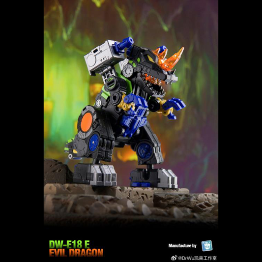 From Dr. Wu comes their newest converting figure, the DW-E18E Evil Dragon! This figure stands about 4 inches tall in dinosaur robot mode and can convert into a cube or battle station.