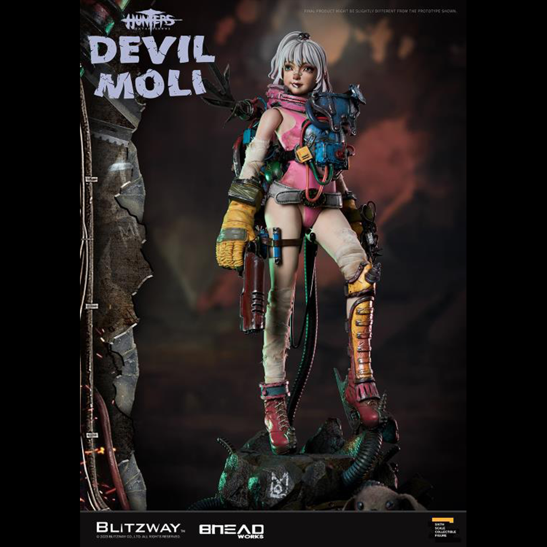 'BLITZWAY is thrilled to share the official launch of the 5th character of BHEADworks’ original figures, ‘Devil Moli’ from ‘HUNTERS: Day After WWIII.’  BHEADworks (Artist Yeon-gyun, Jung) has been loved for its original character design based on the dystopian worldview. The fifth heroine, Devil Moli, is a combat girl who decorates her cute visual like a scary gatekeeper and sensibly notices when an enemy approaches and sends a cue sign with a whistle.