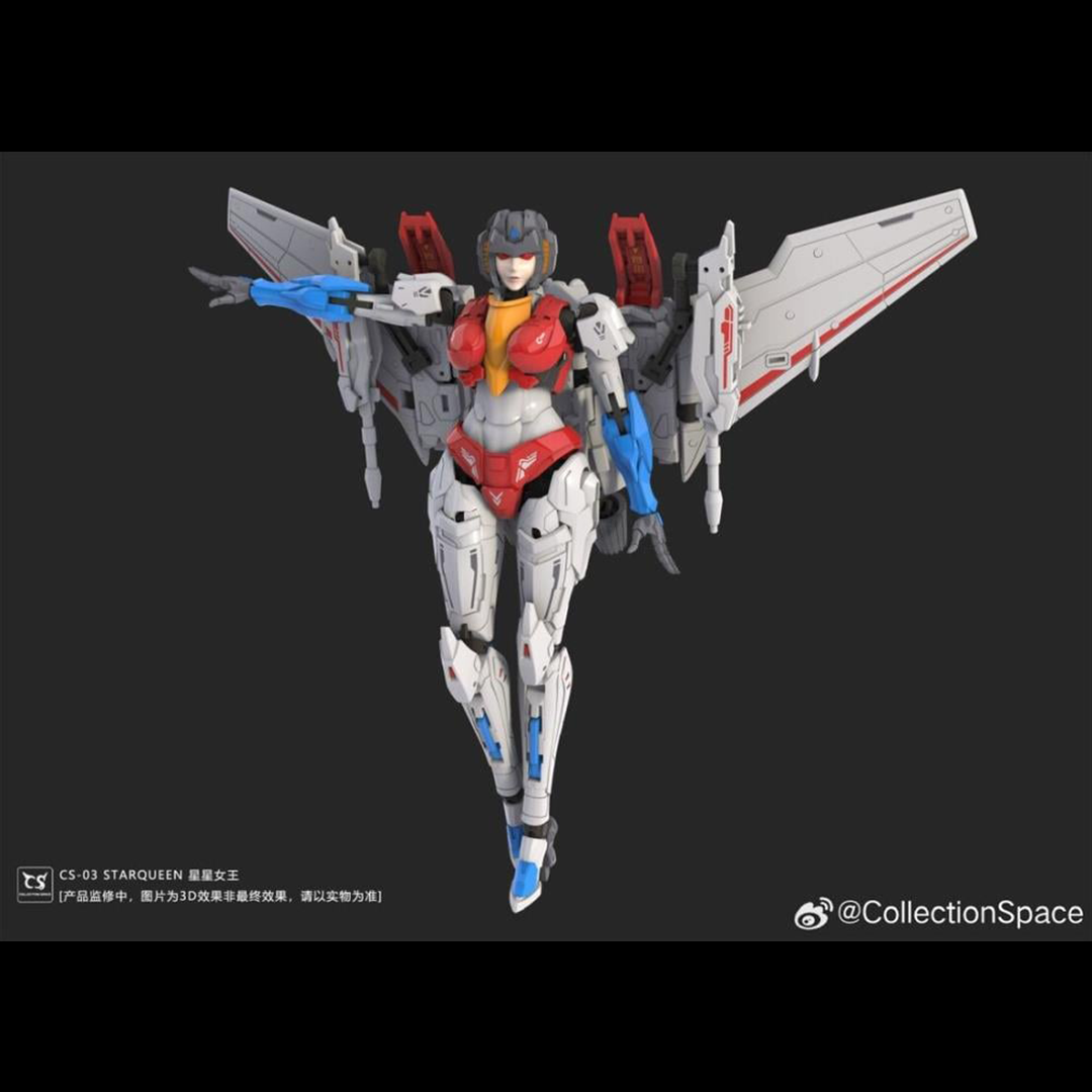 Expand your action figure collection with the CS-03 Starqueen figure by Collection Space. This figure is over 7 inches tall and comes with additional parts and accessories to customize your figure. The figure is able to convert from a humanoid mode into vehicle mode. Be sure to add this figure to your collection!