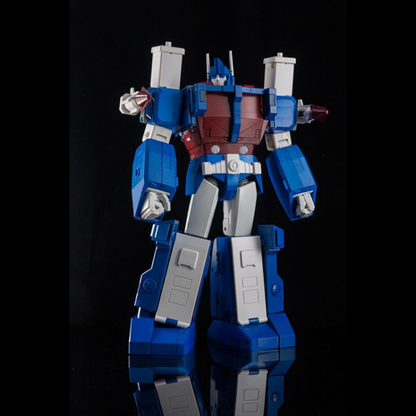 The XTransbots Commander Stack figure stands over 10 inches tall in robot mode and measures over 15 inches in semi-truck mode. The figure is made of plastic and die-cast and includes features real rubber tires, a gun, interchangeable face parts, and a figurine. Commander Stack also features LED eyes, a speaking function, and the chest chamber can hold a Matrix, which is included.