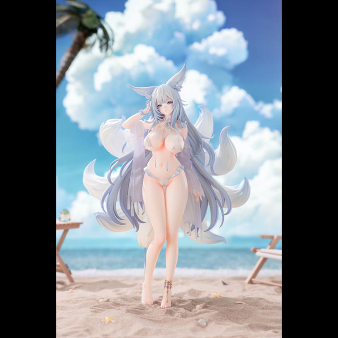 From the Azur Lane video game comes the Shinano (Dreamy White Sands Ver.) 1/6 scale figure by AmiAmi and AniGame! This impressive figure is just under 12 inches tall and displays Shinano in a white bikini that has become undone. Shinano's white fox tails spread out behind as her grey hair drapes down by her knees. Don't miss out on adding this figure to your collection!