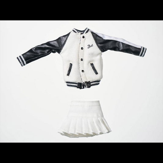 This black and white baseball jacket & white skirt 1/12 scale outfit set is perfect for any customizer wanting to give their figure a great look. This set is perfect for your 1/12 to 1/10 scale figures!  Other clothing pieces and figures not included