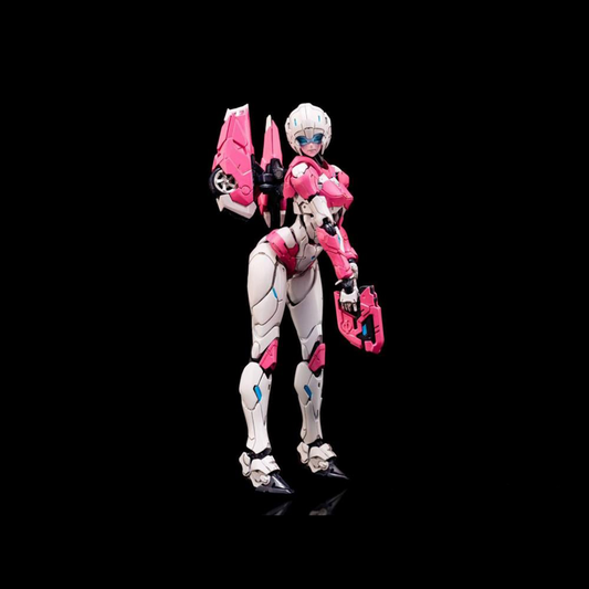 Arcee joins the Furai model kit line! Once complete this Arcee model kit becomes a fully articulated figure that will be sure to stand out in any Transformers collection!