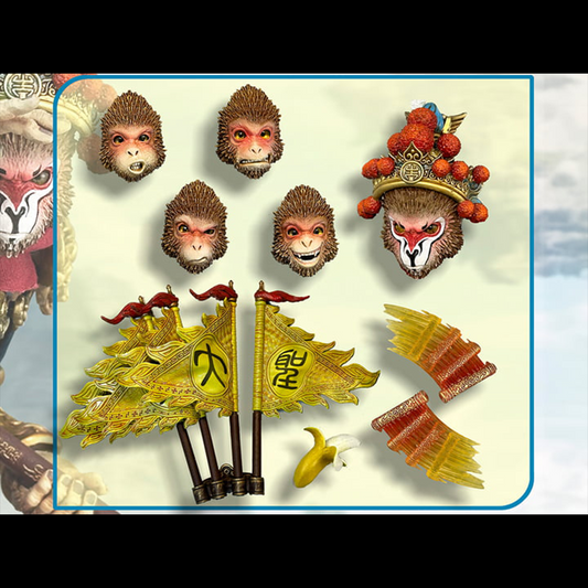 Inspired by the legendary Chinese novel Journey to the West, this Sun Wukong (Great Sage Equal to Heaven) accessory pack is here to add some depth to your 1/12 scale collection! Included in this pack are five additonal heads, a banana, war banners and attack effects for Sun Wukong's staff. Order yours today!  Sun Wukong (Great Sage Equal to Heaven) figure shown not included (sold separately)