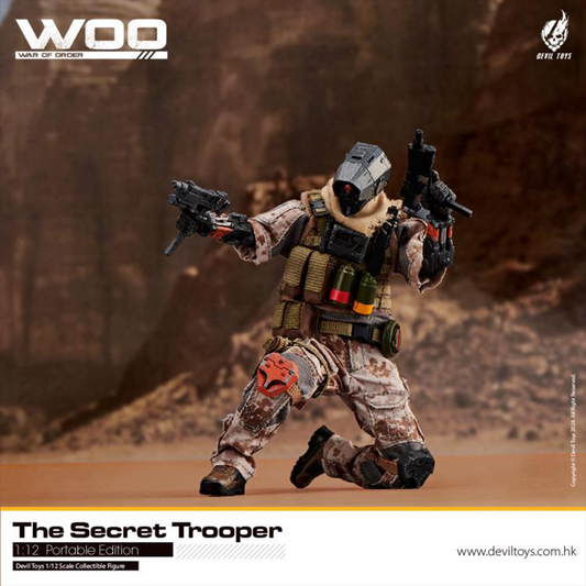 From Devil Toys comes a new line of War of Order figures, this time in 1/12 scale.  This Secret Trooper action figure is decked out in a brown camo outfit with tactical armor, including knee armor, a bulletproof vest, and a scarf. The figure comes with a tactical belt, smoke grenades, a knife, a pair of machine pistols, and an assault rifle.  Secret Master figure shown not included (sold separately)