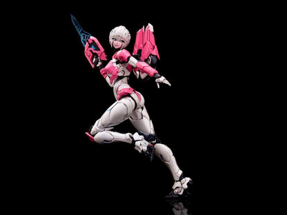 Arcee joins the Furai model kit line! Once complete this Arcee model kit becomes a fully articulated figure that will be sure to stand out in any Transformers collection!