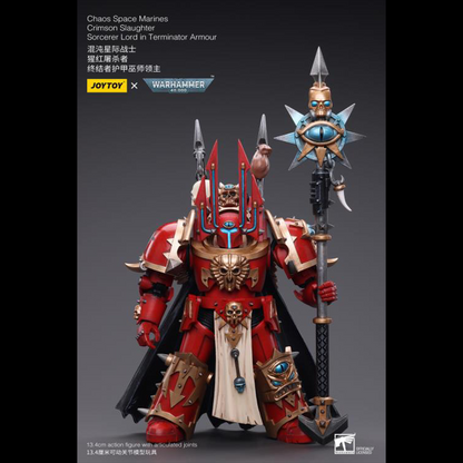 Joy Toy brings Warhammer 40k's Crimson Slaughter Sorcerer Lord to life with this 1/18 scale action figure. Each figure contains interchangeable arms, weapons and a stand. The figure captures the essence of the character and his armor, and is made out of high-quality materials, durable enough for display or play.