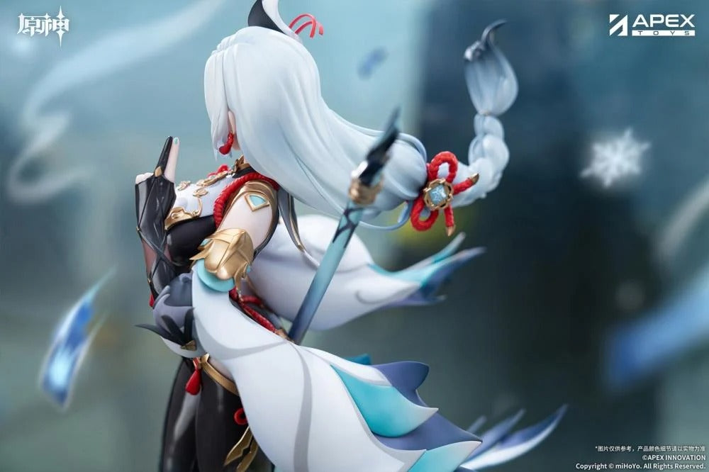 From the popular Genshin Impact video game comes the Shenhe (Lonesome Transcendance Ver.) 1/7 scale figure by Apex Toys! Shenhe is displayed in her memorable outfit from the game while standing on a rock base as she holds her signature weapon Calamity Queller in an iconic pose. This figure is just under 12 inches in height and is intricately detailed to capture the various elements of the character from the game in figure form!