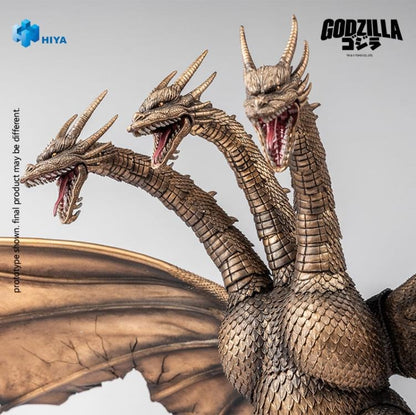 From Godzilla vs. King Ghidorah (1991), the iconic King Ghidorah soars into the Hiya Toys EXQUISITE BASIC Series in his battle-damaged form! This detailed figure captures King Ghidorah in his post-battle state, faithfully recreating the scorched and torn appearance from his intense clash with Godzilla. The figure features a charred, scorched-brown color scheme with realistic sculpting and film-accurate detail! Standing an imposing 13" tall with an impressive 18.5" wingspan