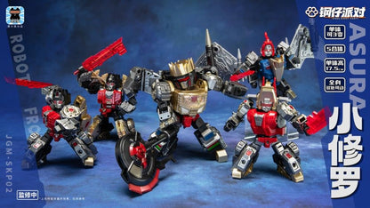 Laser Cat is proud to present a new action figure that will add some firepower to your collection: the Steel Kiddy Party Mini Asura Dual Changer and Combiner! Able to convert between robot and vehicle forms, this 5-in-1 mecha combiner set features dynamic detailing and is a great way to grow your collection! Don't miss out and order your figure set today!
