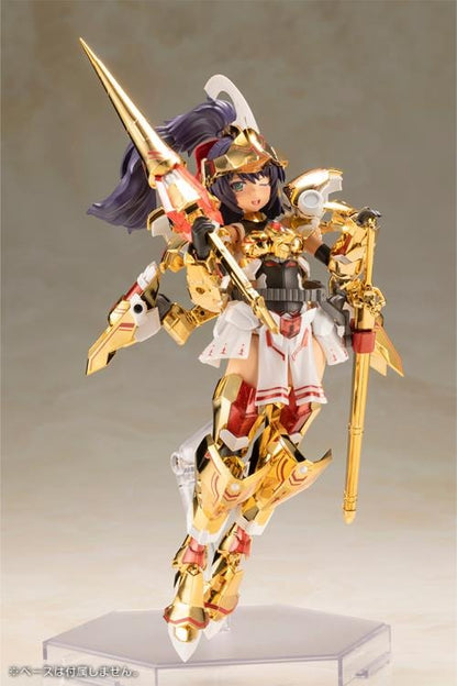 Introducing the latest addition to the Frame Arms Girl series, the golden knight DURGA GOLD RITTER! Frame Arms Girl Durga I is a re-imagining of ToMo's mecha design transformed into an original female character based on an illustration by E-ji Komatsu. A new version of Durga I known as Durga Gold Ritter is here with luxurious gold-plated armor and additional parts.