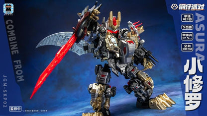 Laser Cat is proud to present a new action figure that will add some firepower to your collection: the Steel Kiddy Party Mini Asura Dual Changer and Combiner! Able to convert between robot and vehicle forms, this 5-in-1 mecha combiner set features dynamic detailing and is a great way to grow your collection! Don't miss out and order your figure set today!