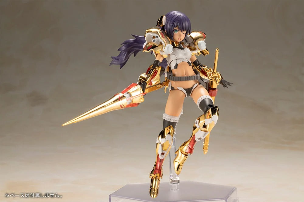 Introducing the latest addition to the Frame Arms Girl series, the golden knight DURGA GOLD RITTER! Frame Arms Girl Durga I is a re-imagining of ToMo's mecha design transformed into an original female character based on an illustration by E-ji Komatsu. A new version of Durga I known as Durga Gold Ritter is here with luxurious gold-plated armor and additional parts.