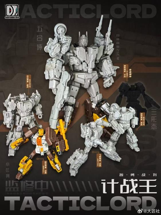 Expand your collection with the Tactic Lord (Triple Changer) Combiner set of 5 action figures by Craftsman Toys! This set includes Steel Drill, Burst Gallop, Light Strike, Jette, and Caro figures that can be combined to form Tactic Lord (Triple Changer). Once combined, this figure stands a little under 10 inches in height and features multiple points of articulation for creating the perfect pose. Be sure to add it to your collection!