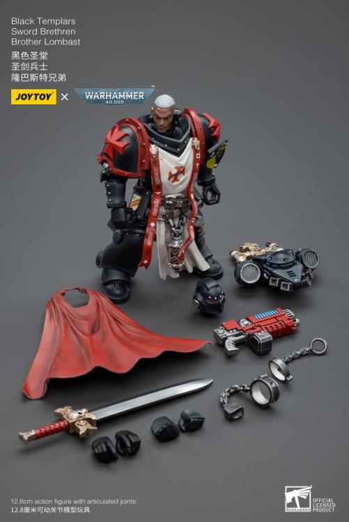 This is a 1/18 scale highly detailed, articulated figure based on Warhammer 40k's Brother Lombast of the Black Templars Sword Brethren. The Brother Lombast figure stands just over 5 inches tall and comes with several interchangeable parts and accessories, opening the door to a plethora of different and unique display opportunities.