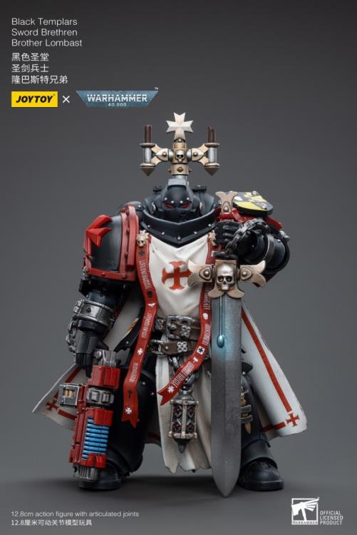 This is a 1/18 scale highly detailed, articulated figure based on Warhammer 40k's Brother Lombast of the Black Templars Sword Brethren. The Brother Lombast figure stands just over 5 inches tall and comes with several interchangeable parts and accessories, opening the door to a plethora of different and unique display opportunities.