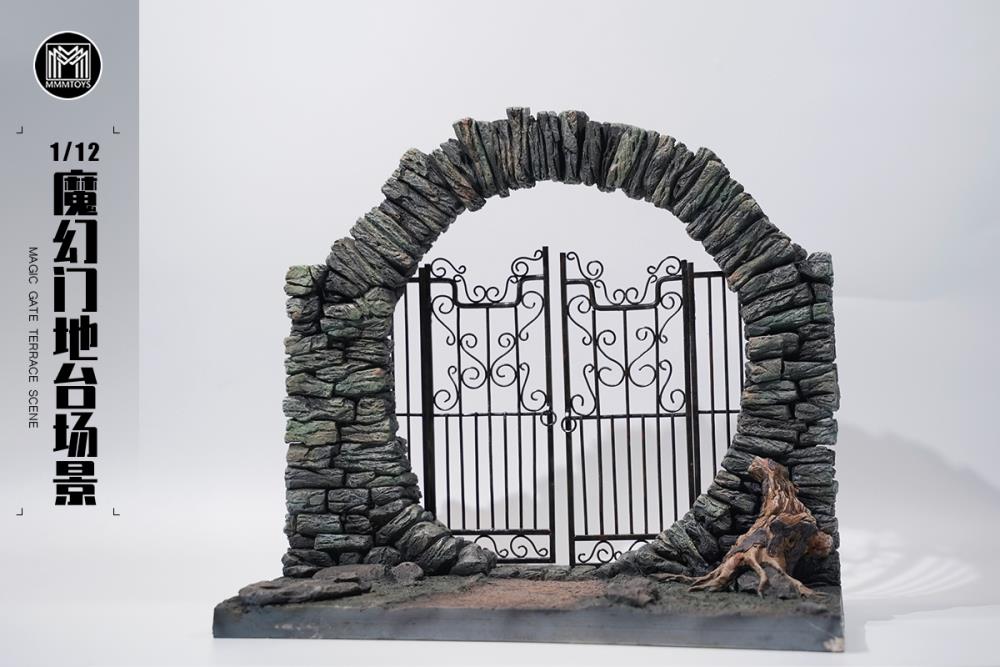 Create unique fantasy displays with this 1/12 scale Magic Gate Terrace Scene M2235. The torch stands light up and the gate can be opened or closed.
