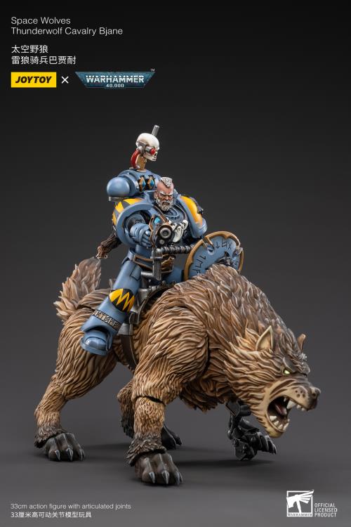 From Joy Toy, the Mountains of the Maelstrom come the legendary Space Wolves Thunderwolf, Cavalry Bjane and Frode ride into battle on his giant wolf as a detailed 1/8 scale figure. Each JoyToy figure includes interchangeable hands and weapon accessories and stands between 4" and 6" tall.