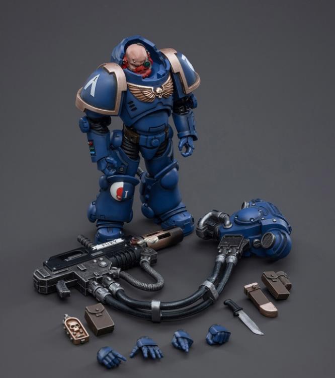 Joy Toy The most elite of the Space Marine Chapters in the Imperium of Man, Joy Toy brings the Ultramarines from Warhammer 40k to life with this new series of 1/18 scale figures. JoyToy each figure includes exclusive heads, interchangeable hands and weapon accessories and stands between 4" and 6" tall.