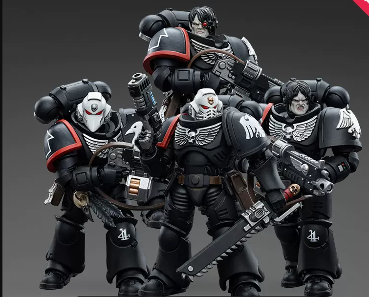 Joy Toy brings Raven Guard Intercessors from Warhammer 40k to life with this new series of 1/18 scale figures! Each figure typically includes interchangeable hands and weapon accessories and stands between 4" and 6" tall.