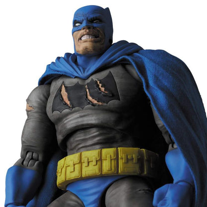 Based on his appearance from DC Comics' The Dark Knight Returns: Triumphant series, this incredibly detailed figure of Batman stands about 6 inches tall. The Dark Knight features multiple battle wounds and weathering, with two interchangeable heads, a removable cowl, and a fabric cape with wired edges for easy posing. His weapons include 4 batarangs, interchangeable hands, and a figure stand.