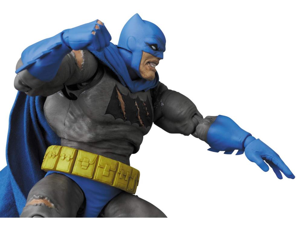 Based on his appearance from DC Comics' The Dark Knight Returns: Triumphant series, this incredibly detailed figure of Batman stands about 6 inches tall. The Dark Knight features multiple battle wounds and weathering, with two interchangeable heads, a removable cowl, and a fabric cape with wired edges for easy posing. His weapons include 4 batarangs, interchangeable hands, and a figure stand.