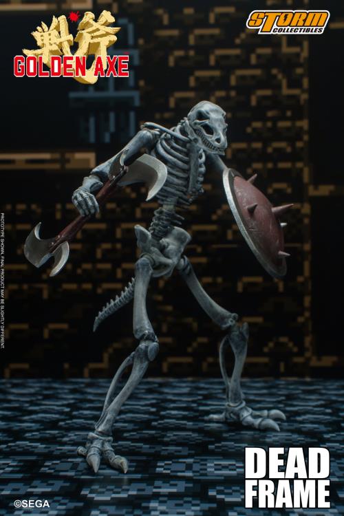 This 1/12 scale figure set is based on the Dead Frame from Golden Axe III. Dead Frames are the bones of an ancient evil monster that has been brought back to life by the magic of Damned Hellstrike. The figures come with multiple interchangeable hands, bladed scythes and shields. 