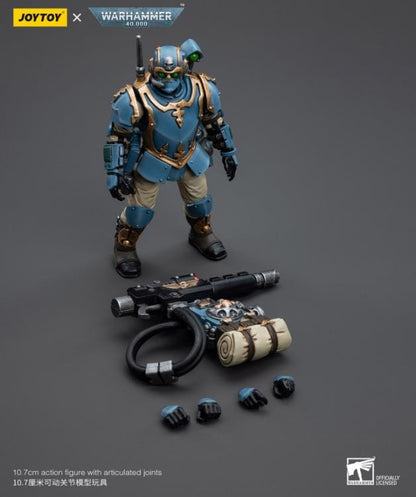 This is a 1/18 scale highly detailed, articulated figure based on Warhammer 40k's Tempestus Scion 2 of the Astra Militarum Tempestus 55th Kappic Eagles. The Tempestus Scion 2 figure stands about 4.20 inches tall and comes with several interchangeable parts and accessories, opening the door to a plethora of different and unique display opportunities.