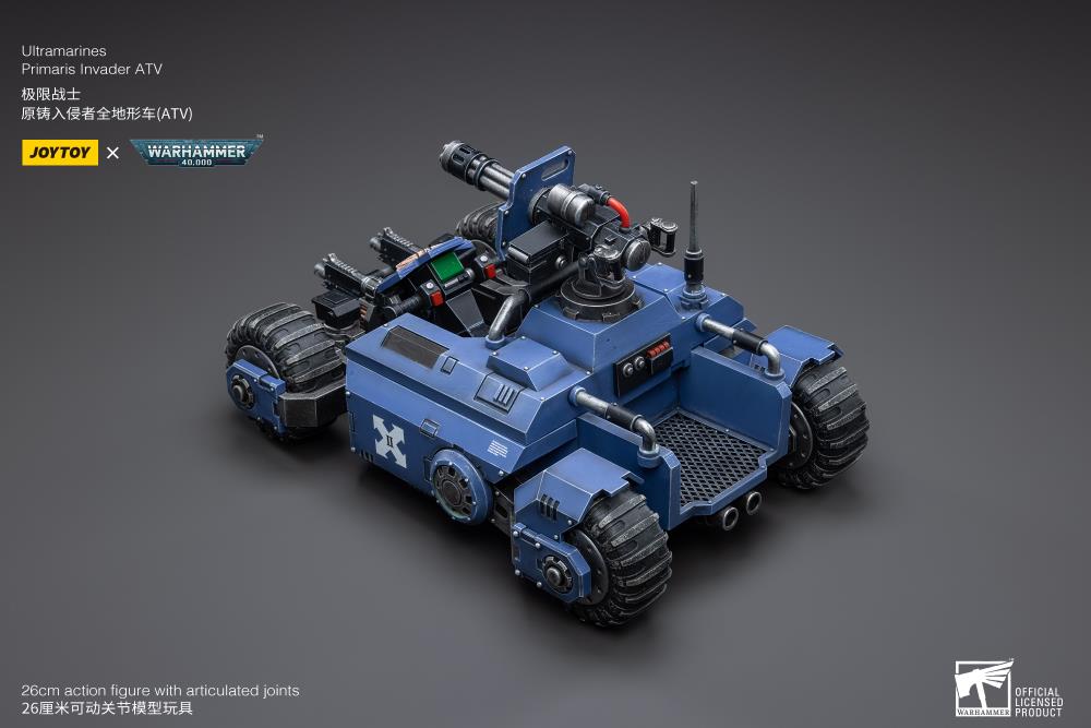 The most Joy Toy elite of the Space Marine Chapters in the Imperium of Man, Joy Toy brings the Ultramarines from Warhammer 40k to life with this new series of 1/18 scale figures and accessories. JoyToy 1/18 scale ATV features four big tread wheels and a large turret gun affixed to the back. 