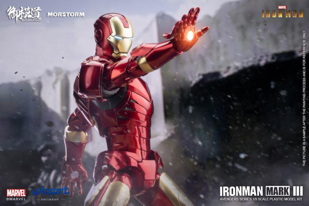 This 1/9 scale Eastern Model Morstorm Marvel Iron Man Mark III model features plastic and die-cast parts for a more real feel. Once assembled, this kit becomes a fully articulated figure with a diorama display and stand.