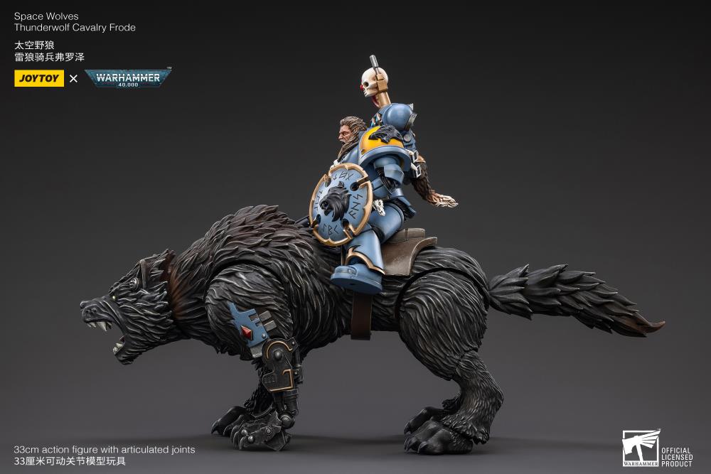 From Joy Toy, the Mountains of the Maelstrom come the legendary Space Wolves Thunderwolf, Cavalry Bjane and Frode ride into battle on his giant wolf as a detailed 1/8 scale figure. Each JoyToy figure includes interchangeable hands and weapon accessories and stands between 4" and 6" tall.