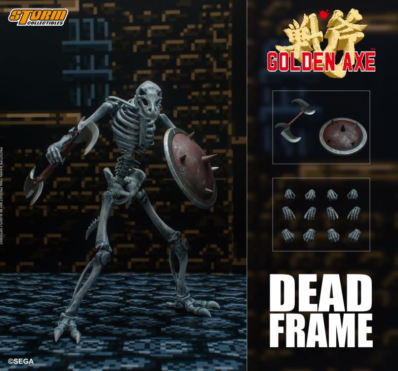 This 1/12 scale figure set is based on the Dead Frame from Golden Axe III. Dead Frames are the bones of an ancient evil monster that has been brought back to life by the magic of Damned Hellstrike. The figures come with multiple interchangeable hands, bladed scythes and shields. 